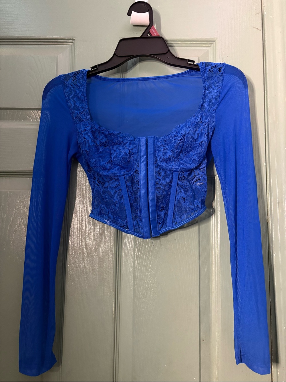 SHEIN Blue Lace Mesh Long-Sleeve Corset Crop Top